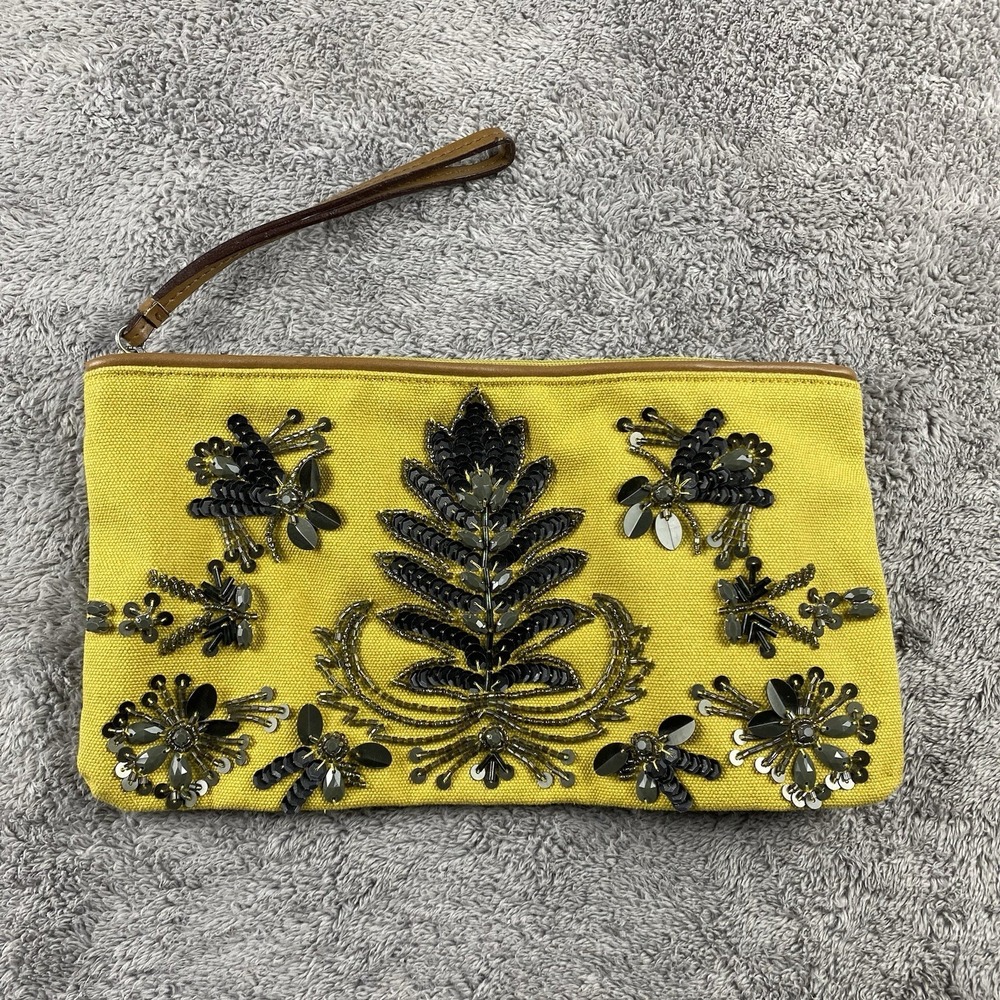 Live Love Loft‎ Zipper Wristlet Beaded Sequined Yellow Canvas
